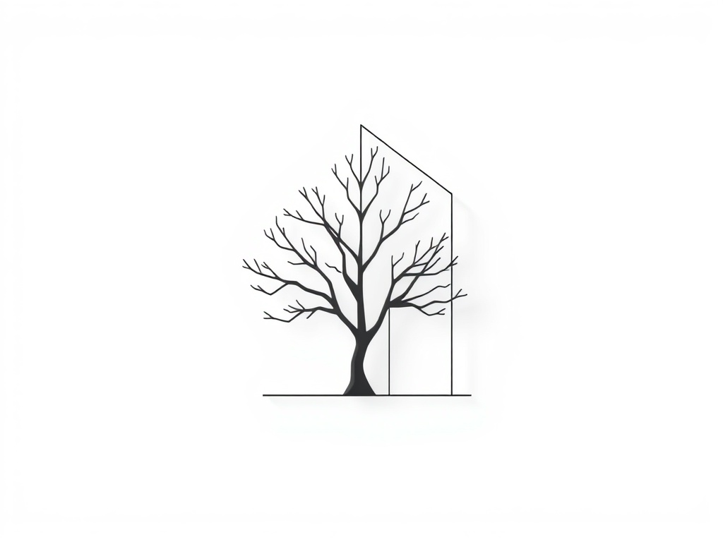 A minimalist geometric shape inspired by a tree and a building, clean lines, white background, subtle shadow, photorealistic, 8k.